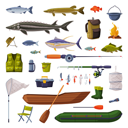 Fishing Equipment Set, Freshwater Fishes, Rod, Apparel, Boat, Accessories Cartoon Vector Illustration