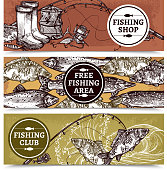 Hand drawn horizontal banners of fishing shop with equipment free fishing area with fishes and club vector illustration