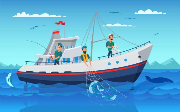 bildbanksillustrationer, clip art samt tecknat material och ikoner med fiske i båt platt vektor illustration - bad catch
