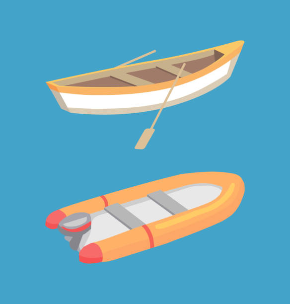 ilustrações de stock, clip art, desenhos animados e ícones de fishing inflatable boat with oars marine traveling - chalana