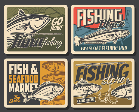 Fishing posters, fish and fisherman rod for tuna