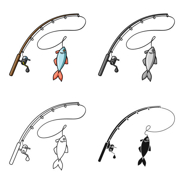 illustrations, cliparts, dessins animés et icônes de canne à pêche et poissons icone en style cartoon isolé sur fond blanc. pêche symbole stock web illustration vectorielle. - cannes