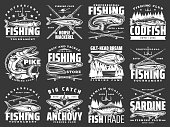 Fishing club badges, big fish catch tournaments and fishery market vector icons. Fisherman rod, hook and lures for river pike, ocean horse mackerel, tuna and bream, sardine and anchovy fishing