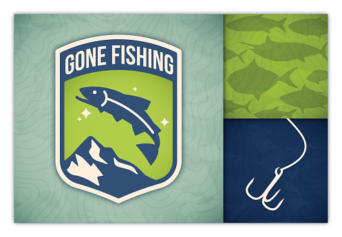 Gone fishing badge and fish symbol background. EPS 10 file. Transparency effects used on highlight elements.