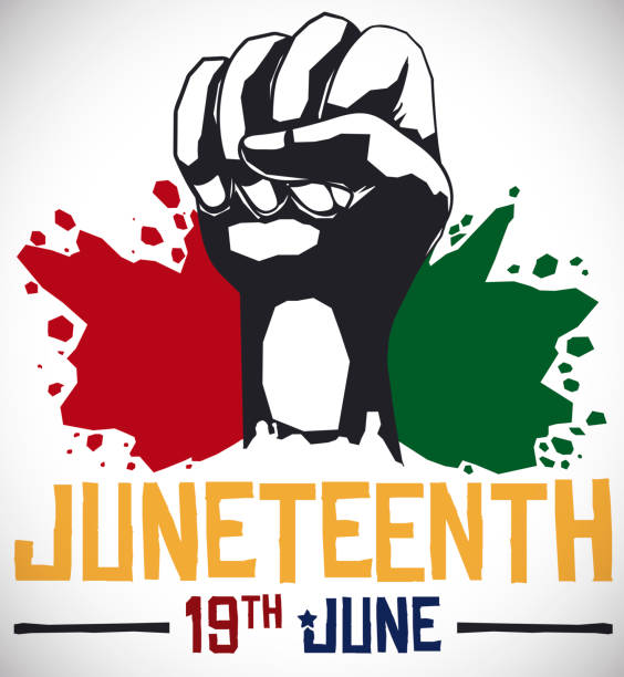 Fist and Splashed African Colors for Juneteenth Celebration Commemorative design for Juneteenth celebration with fist and paint splashes in Pan-African colors and date for this event: 19th June. juneteenth stock illustrations