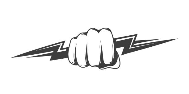 Fist and zipper isolated on white background Fist and zipper isolated on white background. The hand clenched into a fist holds a lightning bolt. Power and energy concept. Vector illustration lightning silhouettes stock illustrations