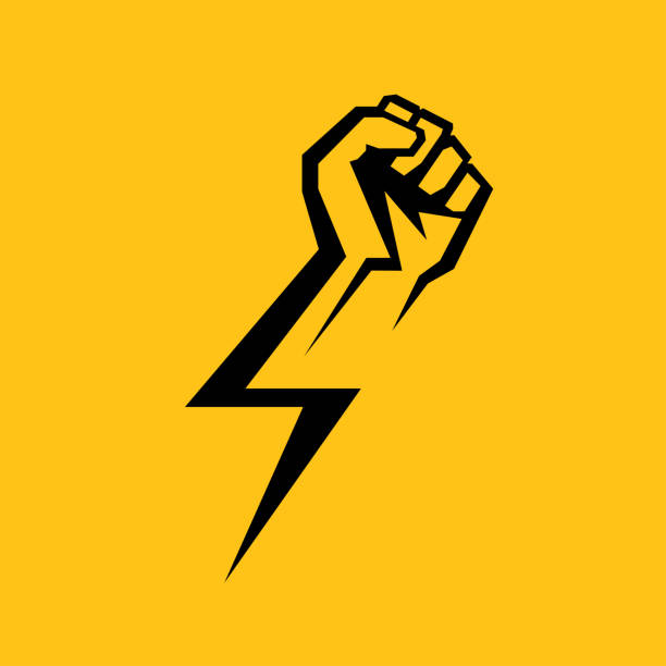 Fist male hand, proletarian protest symbol. Power sign Fist male hand, proletarian protest symbol. Power sign lightning symbols stock illustrations