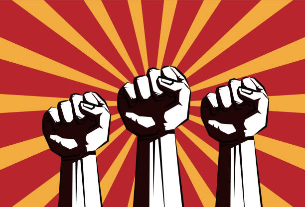 Fist male hand, proletarian protest symbol. Protest,Fist, Hand,Revolution, lightning silhouettes stock illustrations