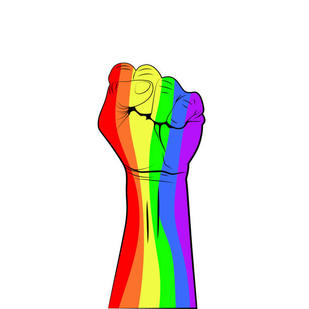 ilustrações, clipart, desenhos animados e ícones de punho levantado mão colorida arco-íris. conceito lgbt. vetor - homofobia