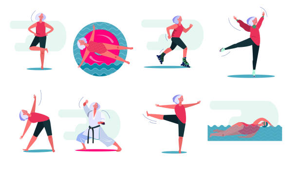 Fitness activities set Fitness activities set. Woman swimming in pool, doing yoga, roller skating. People concept. Vector illustration for topics like leisure, movement, active lifestyle older woman stock illustrations