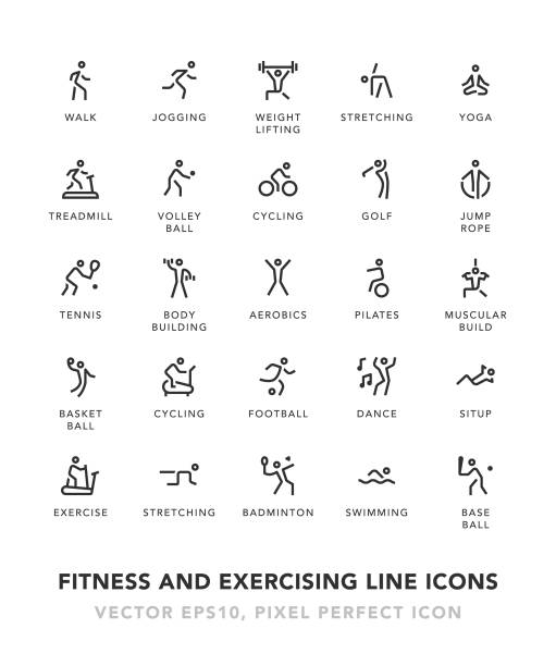 Fitness And Exercising Line Icons Fitness And Exercising Line Icons Vector EPS 10 File, Pixel Perfect Icons. yoga symbols stock illustrations