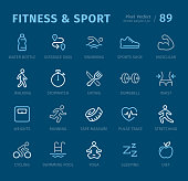 Fitness and Sport - 20 three-color outline icons with captions / Pixel Perfect Set #89 /Icons are designed in 48x48pх square, outline stroke 2px.

First row of outline icons contains: 
Water Bottle, Distance Sign, Swimming, Sports Shoe, Muscular;

Second row contains: 
Walking, Stopwatch, Eating, Dumbbell, Waist;

Third row contains: 
Weights, Running, Tape Measure, Pulse Trace, Stretching;

Fourth row contains:
Cycling, Swimming Pool, Yoga, Sleeping, Diet.

Complete Captico icons collection - https://www.istockphoto.com/collaboration/boards/L98ewPMHpUStg1uF0pmcYg