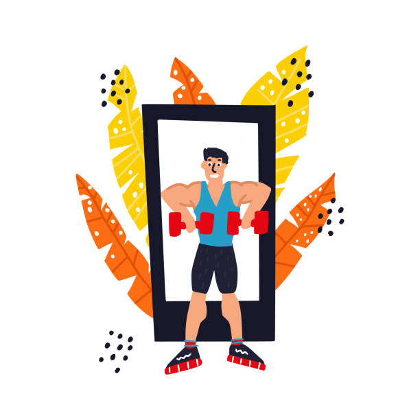 fitness-blog und workout-app-konzept. - handy mockup coach stock-grafiken, -clipart, -cartoons und -symbole