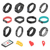 Fitness bracelet icons set. Isometric set of fitness bracelet vector icons for web design isolated on white background