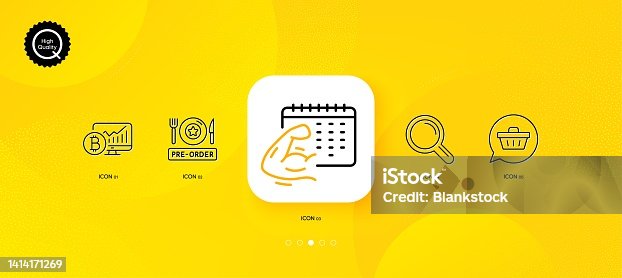istock Fitness calendar, Pre-order food and Research minimal line icons. For web application, printing. Vector 1414171269