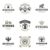 Fitness center and sport gym icons and badges design set vector illustration. Retro typographic labels with sport equipment signs and silhouettes.