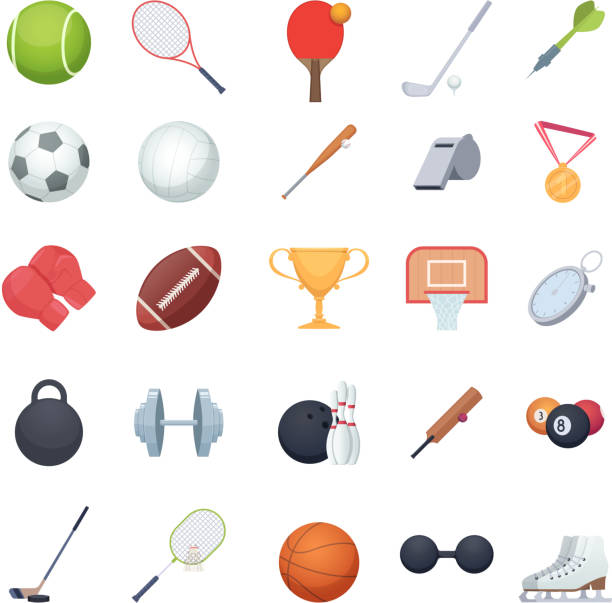 Fitness equipment. Sport balls racket recreation gym tools for exercises vector illustrations Fitness equipment. Sport balls racket recreation gym tools for exercises vector illustrations. Basketball and football ball, glove for training rugby ball stock illustrations