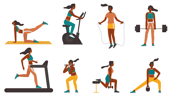 Fitness girl at training with sport equipment set, cartoon woman doing healthy exercises