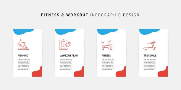 ilustrações de stock, clip art, desenhos animados e ícones de fitness, gym and healthy lifestyle related process infographic design - steps