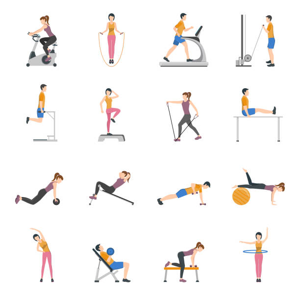 fitness gym training people People training at gym and using different sports equipment flat icons set isolated vector illustration peloton stock illustrations