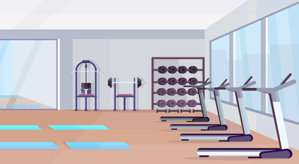 sala fitness studio treningu sprzętu zdrowego stylu życia pojęcie puste nie ludzie wnętrze siłowni z maty sprzęt treningowy hantle lustro i okna poziome - gym stock illustrations