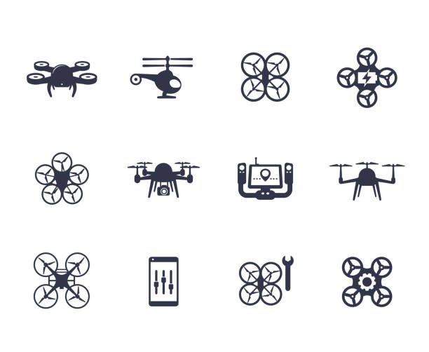 fitness, health, gym trendy icons on circles Drones, quadrocopters icons on white multicopter stock illustrations