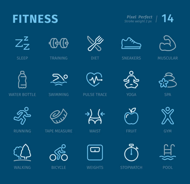 Sport and Fitness - 20 three-color outline icons with captions / Pixel Perfect Set #14 / Icons are designed in 48x48pх square, outline stroke 2px.

First row of outline icons contains:
Sleep, Training, Diet, Sports Shoe, Muscular;

Second row contains:
Water Bottle, Swimming, Pulse Trace, Yoga, Spa;

Third row contains:
Running, Tape Measure, Waist, Fruit, Gym;

Fourth row contains:
Walking, Bicycle, Weights, Stopwatch, Swimming Pool.

Complete Captico icons collection - https://www.istockphoto.com/collaboration/boards/L98ewPMHpUStg1uF0pmcYg