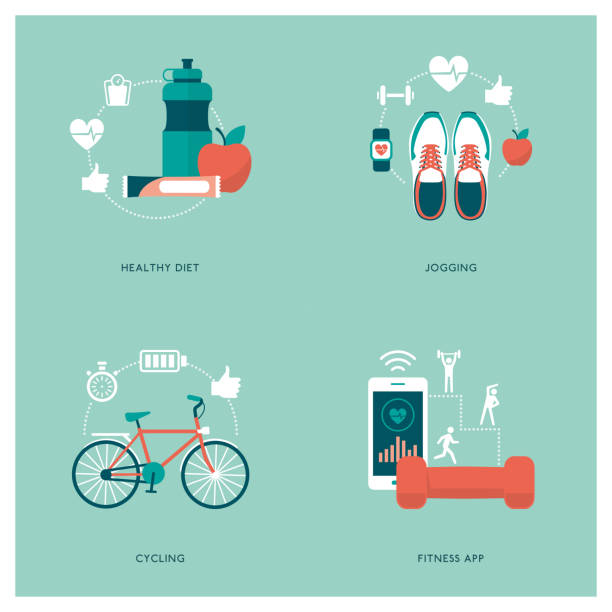 Fitness, sports and diet Fitness, sports, personal training apps and diet concepts with icons cycling symbols stock illustrations