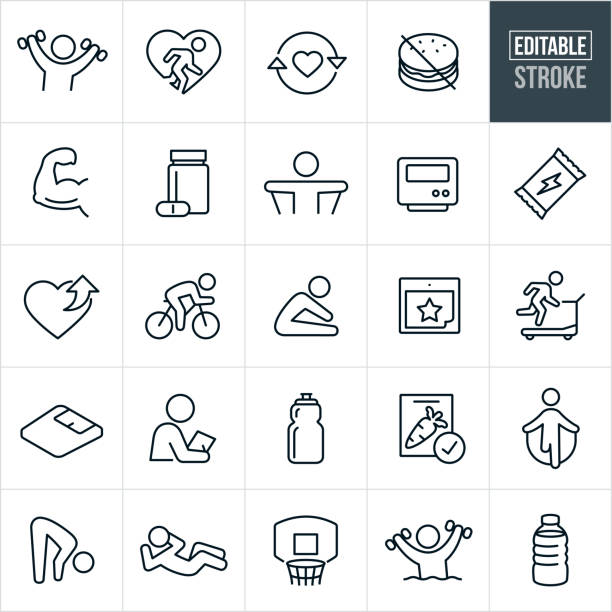 A set of fitness icons that include editable strokes or outlines using the EPS vector file. The icons include a person lifting weights, person running, healthy eating, arm flexing muscles, supplements, person using exercise band, pedometer, energy bar, healthy heart, person riding a bike, person stretching, calendar, person running on treadmill, weight scale, personal trainer, water bottle, healthy food, person jumping rope, person doing sit-up, basketball hoop, person doing water aerobics and other related icons.