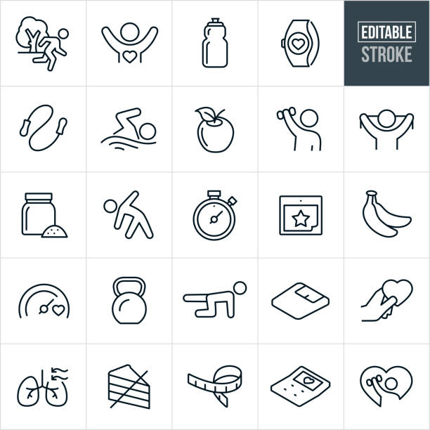 A set of fitness icons that include editable strokes or outlines using the EPS vector file. The icons include a person running outdoors, healthy person with arms raised, water bottle, fitness watch, jumprope, person swimming, apple, person using dumbbell, person with exercise band, protein supplement, person stretching, stopwatch, calendar, bananas, goal meter, kettle bell, person strengthening, weight scale, hand holding heart, human lungs, healthy eating, tape measure, calculator and other related icons.