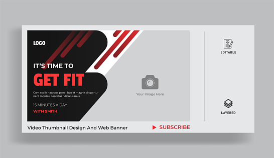 Fitness thumbnail design for your videos. Gym exercise training session video thumbnail and web banner template.