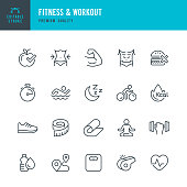 Set of Fitness & Workout thin line vector icons.