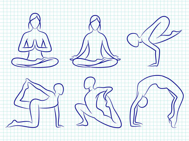 Fitness yoga pilates hand drawn silhouettes Fitness yoga pilates hand drawn silhouettes of set. Vector illustration yoga drawings stock illustrations