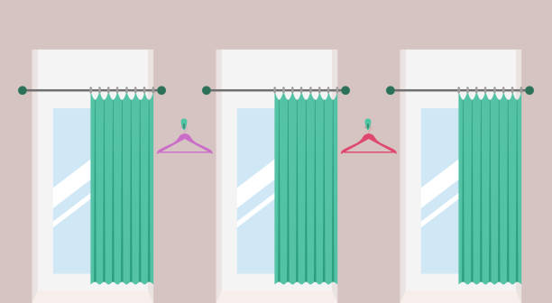 ilustrações de stock, clip art, desenhos animados e ícones de fitting rooms with curtains and mirrors in a clothes shop - changing room