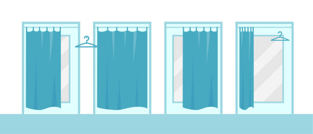 ilustrações de stock, clip art, desenhos animados e ícones de fittings rooms with blue curtains and mirrors - changing room