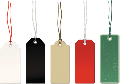 Five different colored price tags 