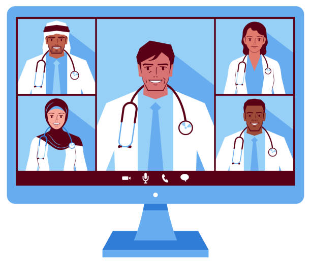stockillustraties, clipart, cartoons en iconen met five doctors (multi-ethnic group) attending a video conference or one senior clinician teaching medical students - arabic student