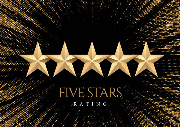 Five gold Stars. Five gold Stars. Rating or quality symbol. Against the backdrop of a stylish flash of gold sparkling from the center on a black background. Poster template.Vector illustration luxury hotel stock illustrations