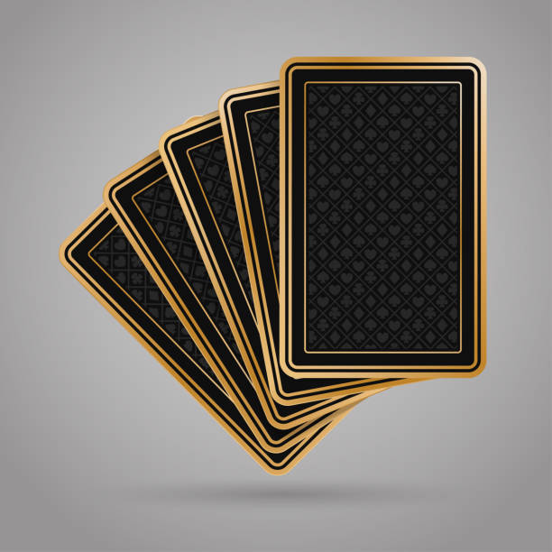 Five poker playing cards in black and gold design Five poker playing cards on grey background. Black and gold back side design playing card stock illustrations