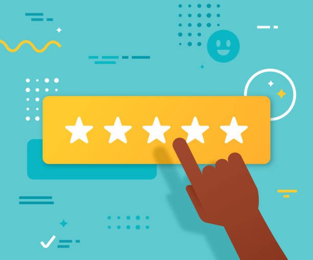 Five Star Rating Hand pressing five star rating button web page user interface design. rating stock illustrations