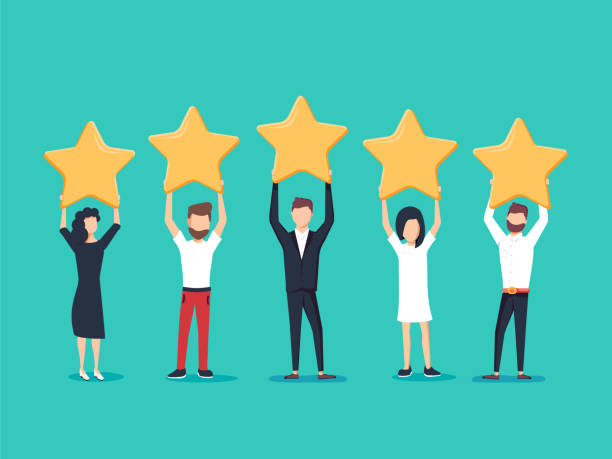 Five stars rating flat style vector concept. People are holding stars over the heads. Feedback consumer Five stars rating flat style vector concept. People are holding stars over the heads. Feedback consumer or customer review evaluation, satisfaction level and critic icon concept. rating illustrations stock illustrations