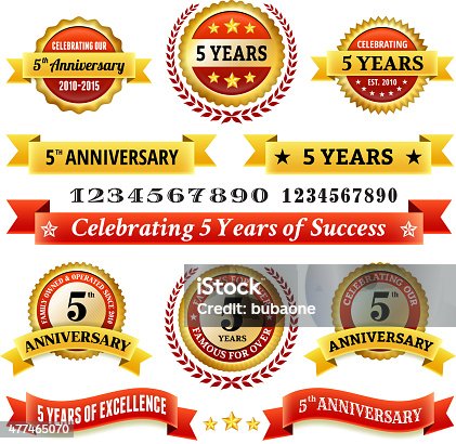 istock five year anniversary royalty free vector background with golden badges 477465070