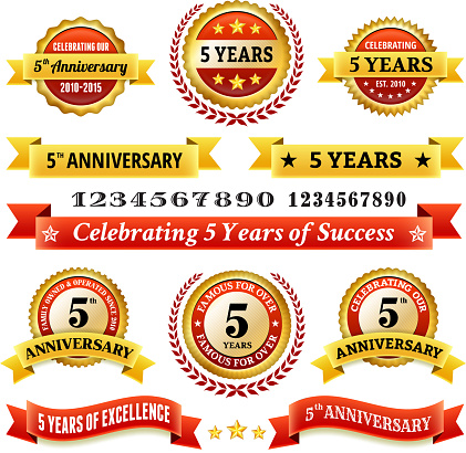 five year anniversary royalty free vector background with golden badges