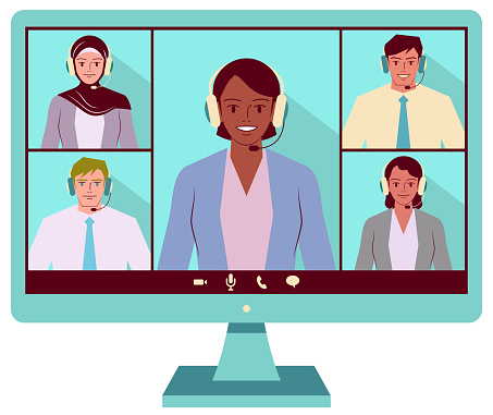 Five young business people or teachers are attending a video conference (Multi-Ethnic Group)