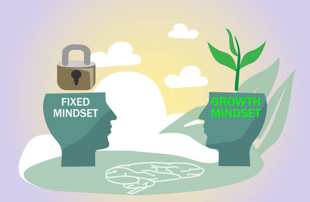 Fixed vs growth mindset with open or locked personality. Fixed vs growth mindset with open or locked personality. attitude stock illustrations