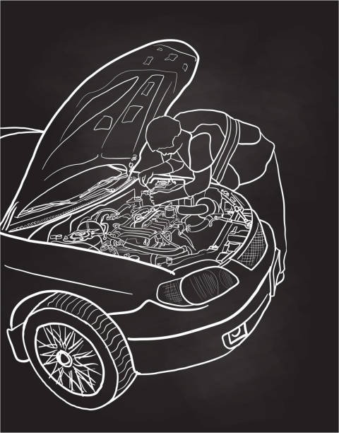 ilustrações de stock, clip art, desenhos animados e ícones de fixing the car chalkboard - garagem abrindo