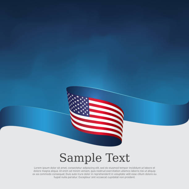 美國國旗背景。藍色白色背景上的美國波浪色旗。美國全國海報。向量三色設計。州美國愛國旗幟， 封面， 傳單 - 愛國 幅插畫檔、美工圖案、卡通及圖標