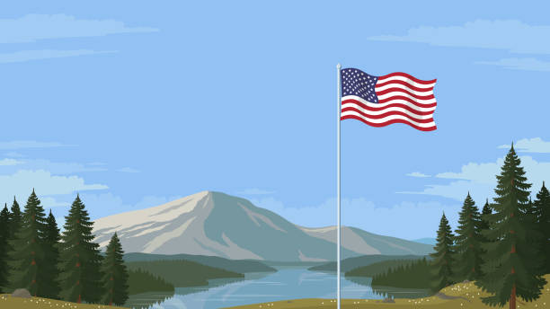 flag of the united states of america in front of a scenic national landscape. - 旗杆 插圖 幅插畫檔、美工圖案、卡通及圖標