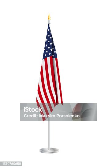 istock Flag of the United States of America on steel flagpole. Usa Flag isolated on white background. 1370760650