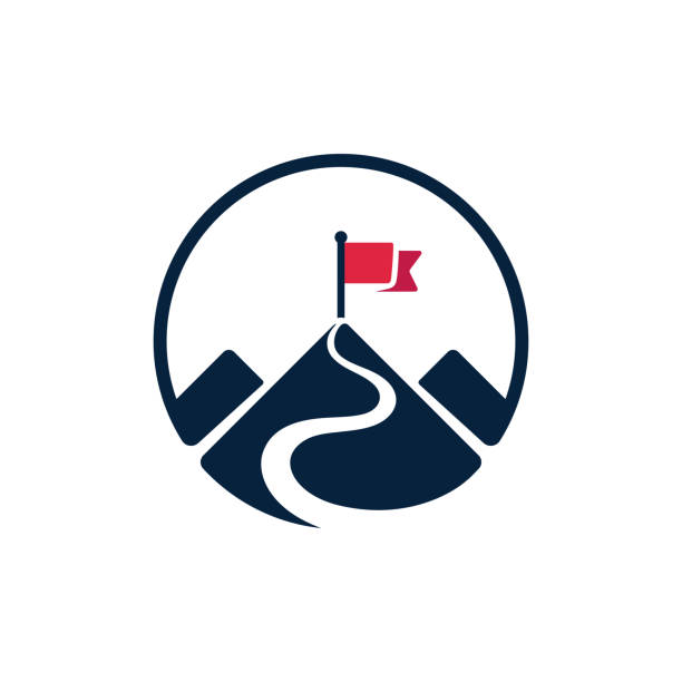 bendera pada ikon puncak gunung - perjalanan konsep ilustrasi stok
